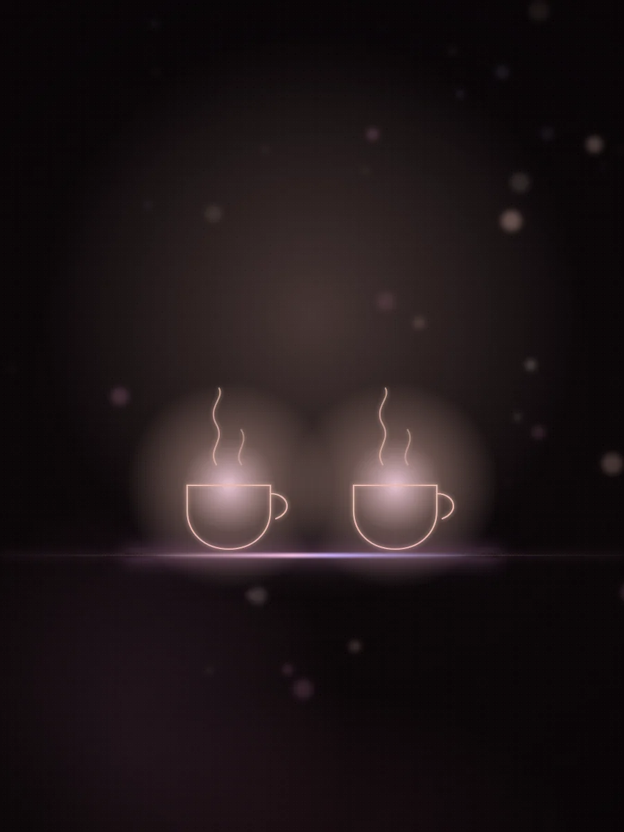 Rose-gold line art of two cups of coffee glowing over a table