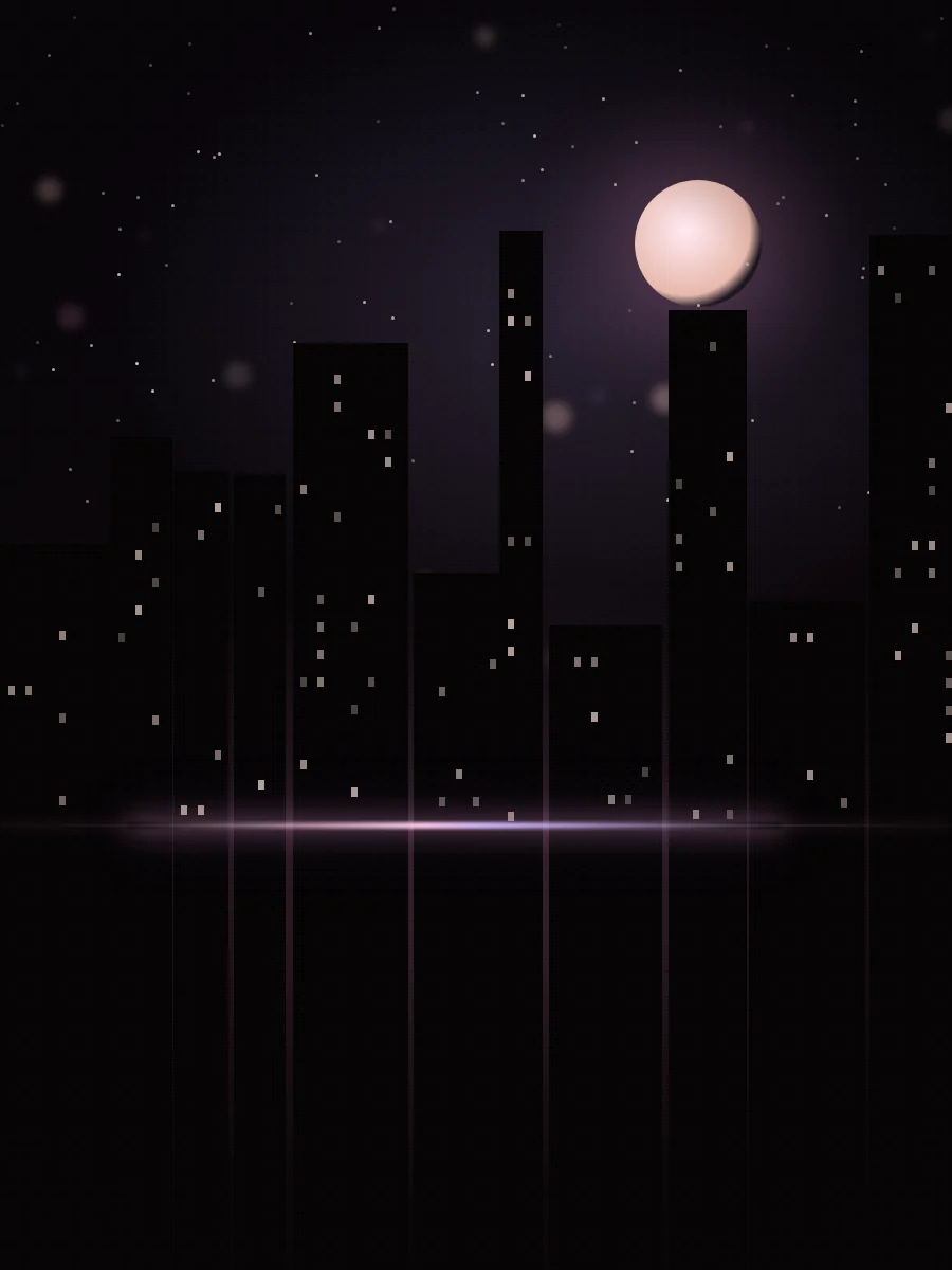 A city skyline at night under a rose-gold moon